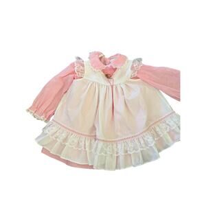 Vintage Bryan Pinafore Dress Stripe Ruffled Lace Bows Ribbons Pink Size 4T 2pc